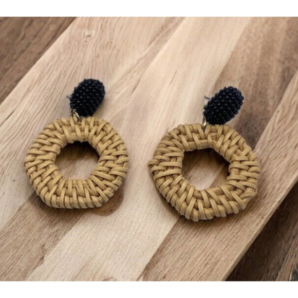 Boho Jewelry - Rattan Dangle Hoop Earrings Boho Pierced Straw Wicker Braided Woven Earrings Tan